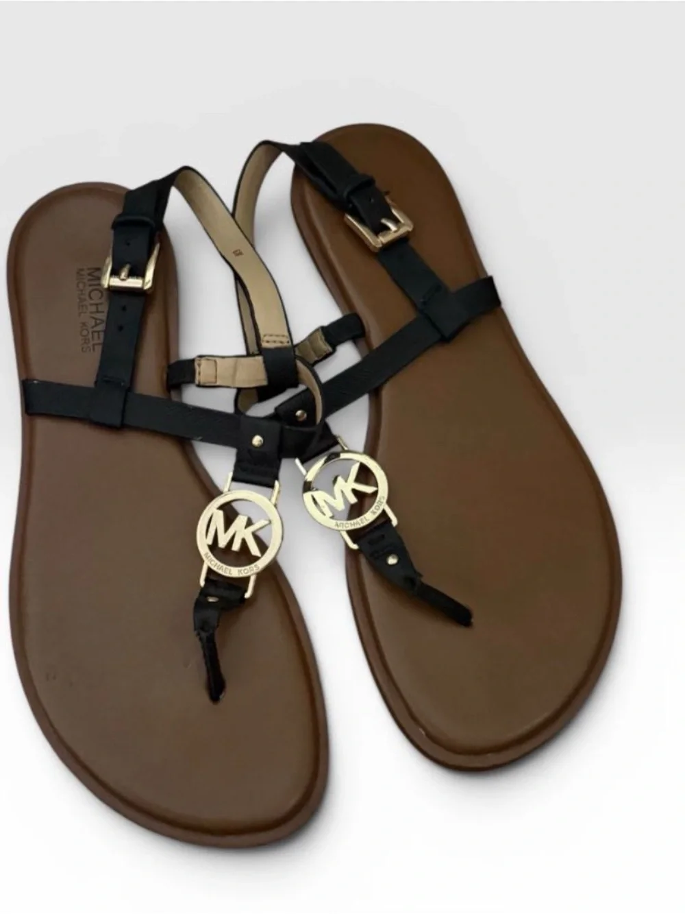 Michael Kors Black Leather T-Strap Sandals with Gold MK Emblem